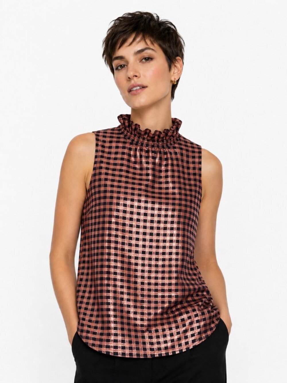 J. Crew Ruffle Neck Metallic Gingham Check Sleeveless Top NWT